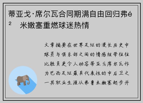 蒂亚戈·席尔瓦合同期满自由回归弗鲁米嫩塞重燃球迷热情