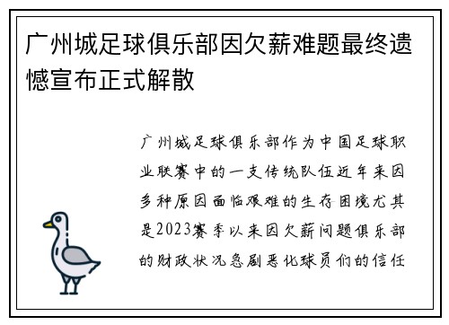 广州城足球俱乐部因欠薪难题最终遗憾宣布正式解散